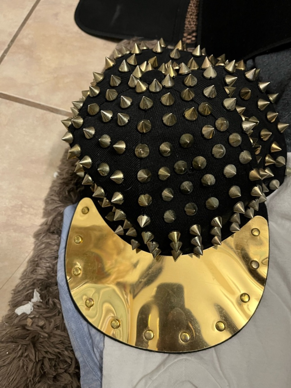 Source Unknown Black Hat with Gold Spike Studs and Gold Brim